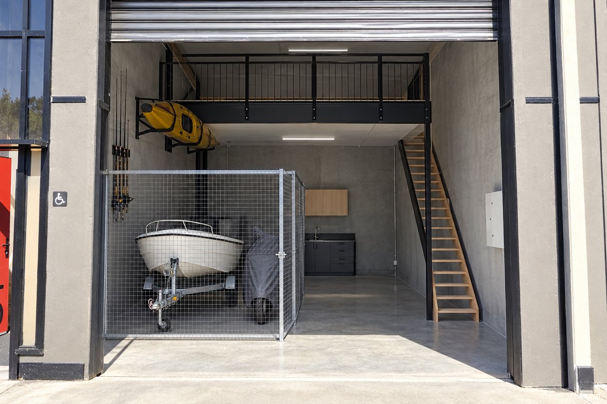 Boat and motorbike stored in Bay A